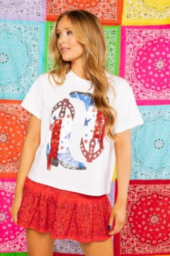 Queen Of Sparkles Powder Blue & Red Fringe Boot Tee