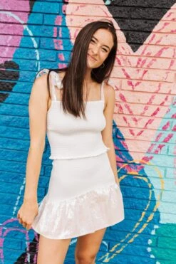 Queen Of Sparkles White Smocked Sequin Tie Tank -Queen of Sparkles IMG 3758 Facetune 10 05 2022 10 33 362