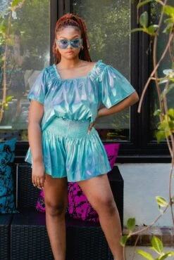 Queen Of Sparkles Sky Blue Iridescent Swing Shorts