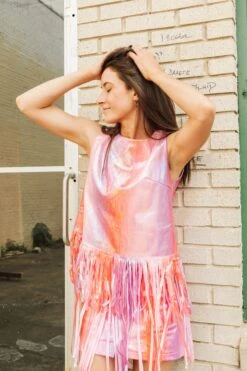 Queen Of Sparkles Red & Purple Leather Fringe Tank