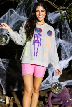 Queen Of Sparkles Grey Disco Skeleton Sweatshirt -Queen of Sparkles QOSHALLOWEEN 71