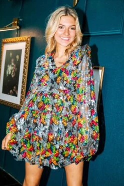 Queen Of Sparkles Mesh Floral Ruffle Dress