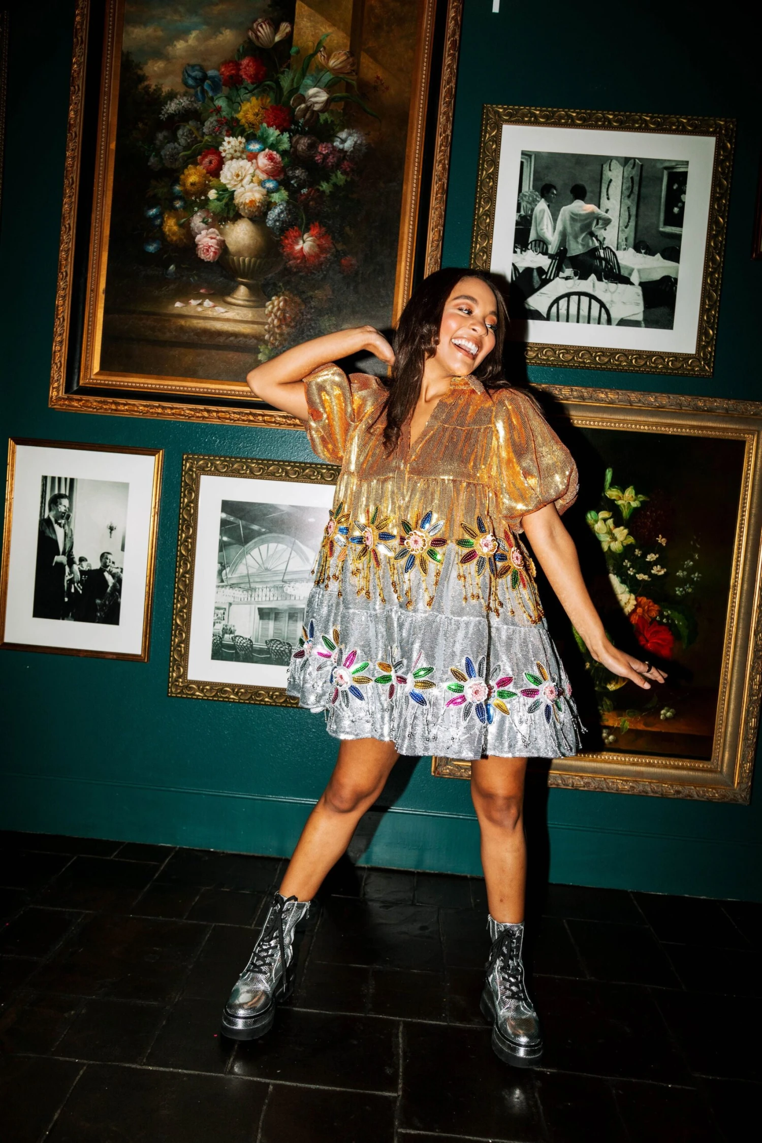 Queen Of Sparkles Silver & Gold Flower Fringe Dress 2 Queen Of Sparkles Silver & Gold Flower Fringe Dress - Image 2