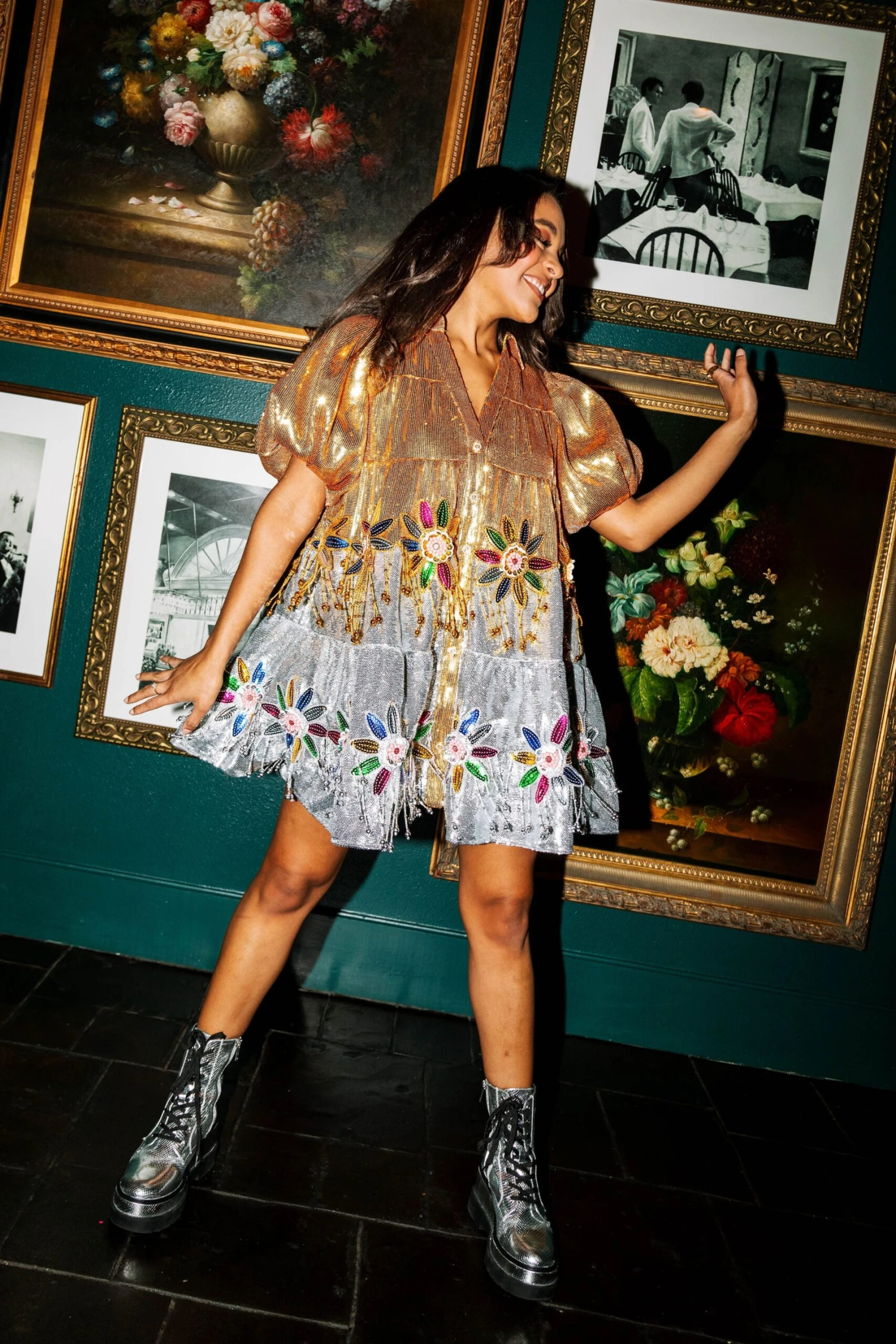 Queen Of Sparkles Silver & Gold Flower Fringe Dress 3 Queen Of Sparkles Silver & Gold Flower Fringe Dress - Image 3