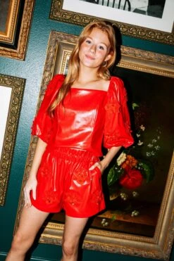 Queen Of Sparkles Red Leather Flower Poof Sleeve Top -Queen of Sparkles SOELSTUDIO QOSOCT 309