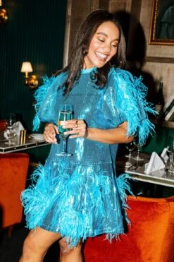 Queen Of Sparkles Teal Full Sequin Feather Dress