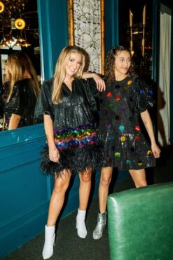 Queen Of Sparkles Black Sequin Feather Rainbow Paillette Dress