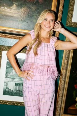 Queen Of Sparkles Pink Plaid Feather Tank