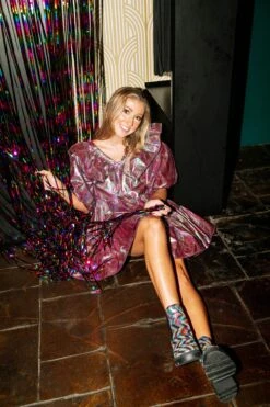 Queen Of Sparkles Oil Spill Holo Poof Sleeve Dress