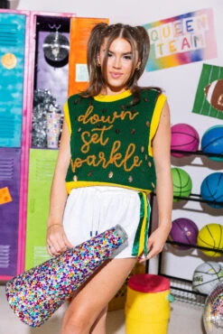 Queen Of Sparkles Green & Yellow Down Set Sparkle Sweater Vest -Queen of Sparkles SOELSTUDIO QOS GAMEDAY 2023 1449