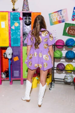 Purple & Gold Football Romper -Queen of Sparkles SOELSTUDIO QOS GAMEDAY 2023 1574