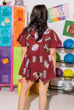 Maroon Iridescent Football Romper -Queen of Sparkles SOELSTUDIO QOS GAMEDAY 2023 1677