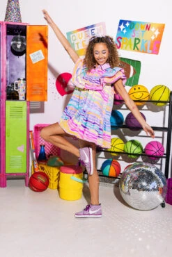 Lavender & Neon Tiger Stripe Ruffle Dress 6 Lavender & Neon Tiger Stripe Ruffle Dress -Queen of Sparkles SOELSTUDIO QOS GAMEDAY 2023 379