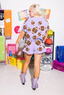 Lavender & Brown Fuzzy Football Top -Queen of Sparkles SOELSTUDIO QOS GAMEDAY 2023 456