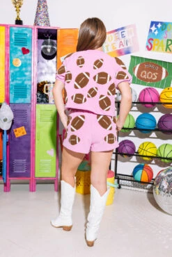 Pink & Brown Fuzzy Football Top -Queen of Sparkles SOELSTUDIO QOS GAMEDAY 2023 468