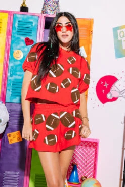 Red & Brown Fuzzy Football Shorts 6 Red & Brown Fuzzy Football Shorts -Queen of Sparkles SOELSTUDIO QOS GAMEDAY 2023 476 1 d2ed314a 2cd1 488b af3b 6c084c22cae6