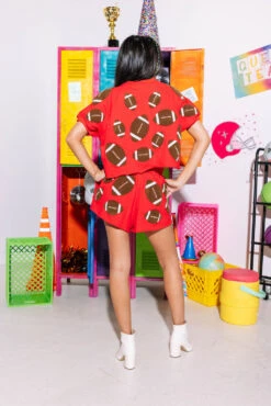 Red & Brown Fuzzy Football Top -Queen of Sparkles SOELSTUDIO QOS GAMEDAY 2023 479