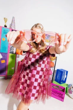 Queen Of Sparkles Maroon& White Checkered Mesh Overlay Tee Dress