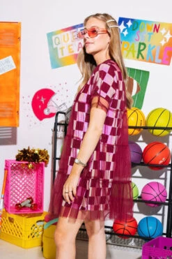 Queen Of Sparkles Maroon& White Checkered Mesh Overlay Tee Dress -Queen of Sparkles SOELSTUDIO QOS GAMEDAY 2023 906