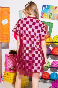 Queen Of Sparkles Maroon& White Checkered Mesh Overlay Tee Dress -Queen of Sparkles SOELSTUDIO QOS GAMEDAY 2023 907