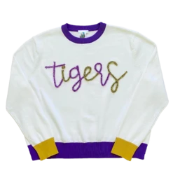 Queen Of Sparkles Glitter Script White W/ Purple & Gold "Tigers" Long Sleeve Sweater