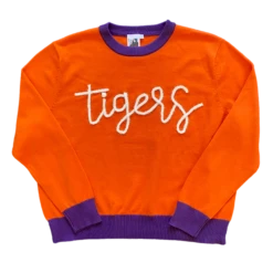 Queen Of Sparkles Glitter Script Orange W/ Purple "Tigers" Long Sleeve Sweater