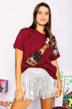 Queen Of Sparkles Maroon & Gold Popping Champagne Tee