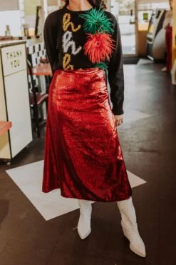Queen Of Sparkles Red Sequin Midi Skirt -Queen of Sparkles image 37b0d0ea a061 4bae 84c3 0e0ac99d2f1e