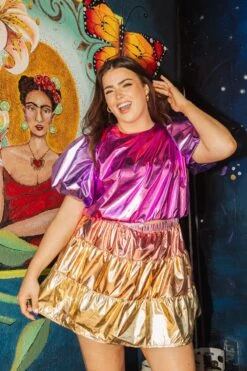 Queen Of Sparkles Pink/Purple Metallic Puff Sleeve Crop