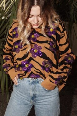 Queen Of Sparkles Tiger Print Sequin Flower Sweater