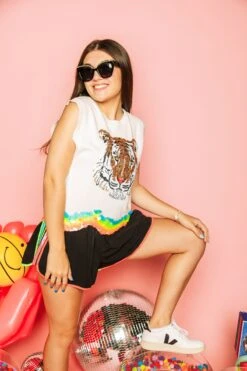 Queen Of Sparkles White & Rainbow Wavy Tiger Sweater -Queen of Sparkles soelstudio QOS Gameday 1108