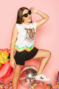 Queen Of Sparkles White & Rainbow Wavy Tiger Sweater -Queen of Sparkles soelstudio QOS Gameday 1109