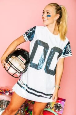 Queen Of Sparkles Navy, Silver & White Full Sequin Jersey Dress -Queen of Sparkles soelstudio QOS Gameday 1192