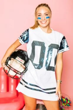 Queen Of Sparkles Navy, Silver & White Full Sequin Jersey Dress -Queen of Sparkles soelstudio QOS Gameday 1193