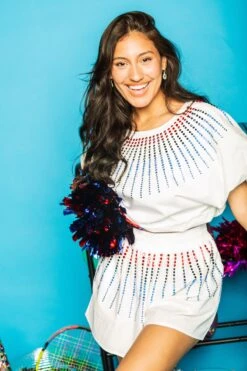 Queen Of Sparkles White Cotton Bubble Top With Red & Blue Burst -Queen of Sparkles soelstudio QOS Gameday 1295