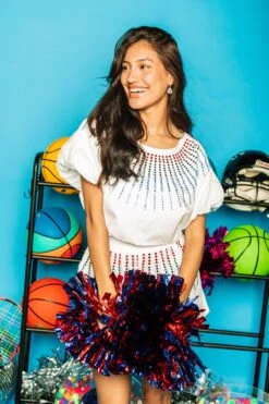 Queen Of Sparkles White Cotton Bubble Top With Red & Blue Burst