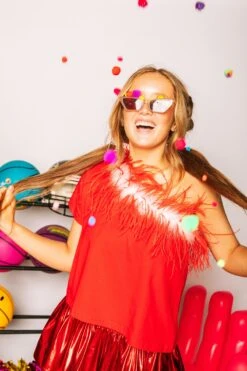 Red & White One Shoulder Feather Tee