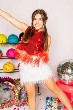 Queen Of Sparkles Red Sequin Tank With Red & White Feathers -Queen of Sparkles soelstudio QOS Gameday 1729