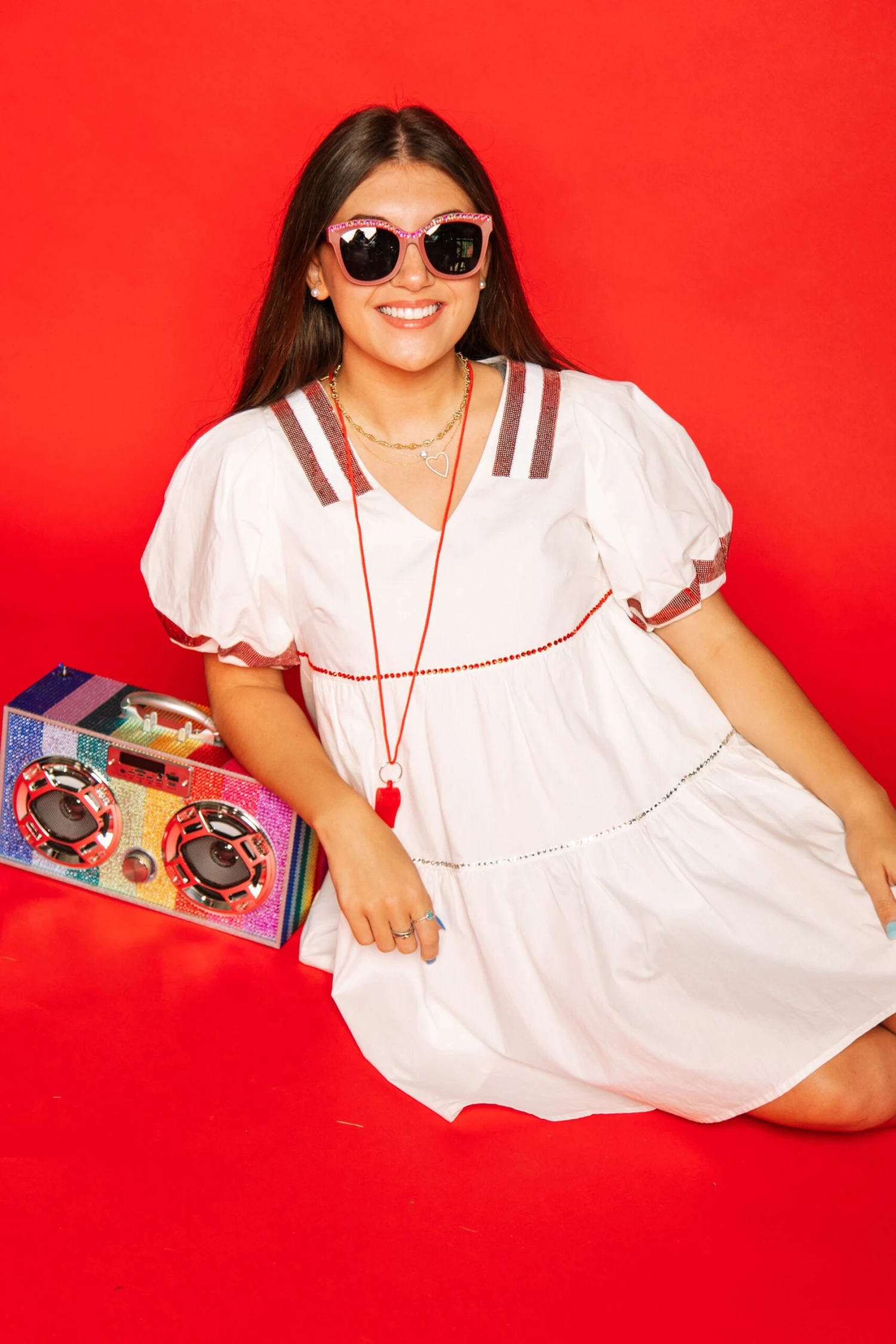 Queen Of Sparkles White & Crimson Poof Sleeve QOS Jersey Dress 1 Queen Of Sparkles White & Crimson Poof Sleeve QOS Jersey Dress