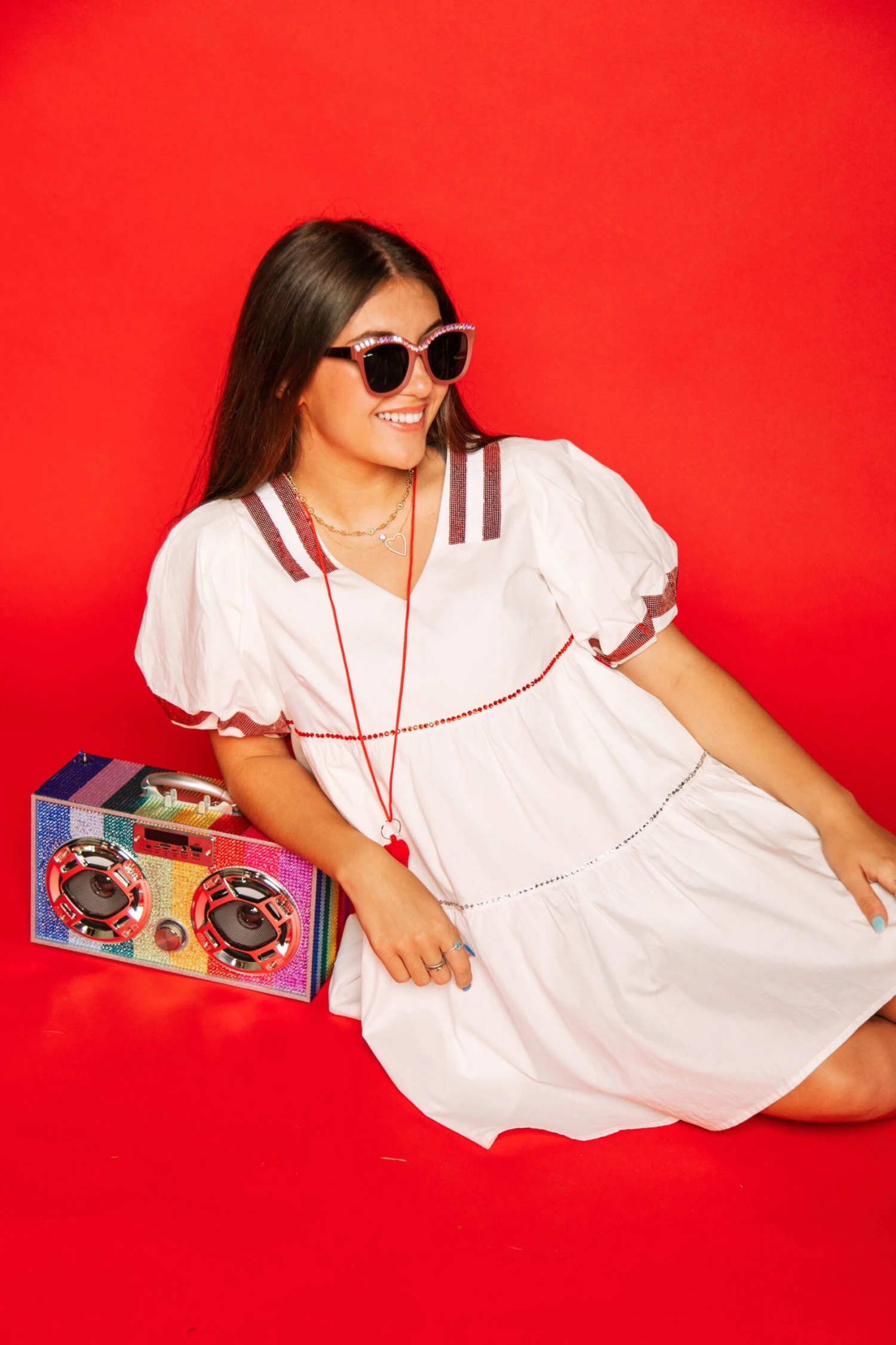 Queen Of Sparkles White & Crimson Poof Sleeve QOS Jersey Dress 2 Queen Of Sparkles White & Crimson Poof Sleeve QOS Jersey Dress - Image 2