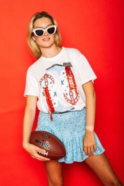 Queen Of Sparkles Powder Blue & Red Fringe Boot Tee -Queen of Sparkles soelstudio QOS Gameday 252