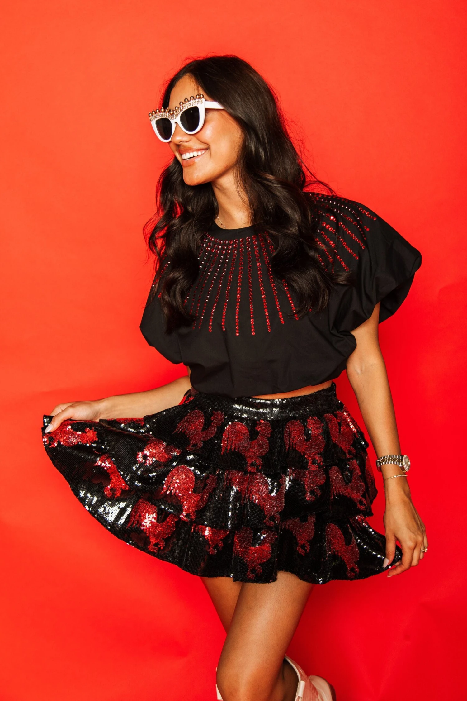 Queen Of Sparkles Black Tiered Sequin Skirt With Chickens 4 Queen Of Sparkles Black Tiered Sequin Skirt With Chickens - Image 4