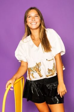 Queen Of Sparkles White Tiger Peplum Poof Sleeve Top -Queen of Sparkles soelstudio QOS Gameday 369