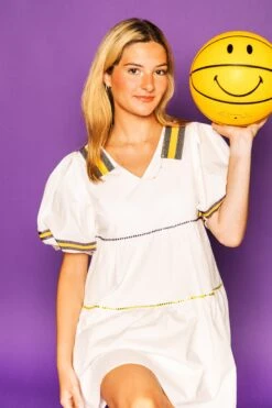 Queen Of Sparkles White, Purple/Gold Poof Sleeve QOS Jersey Dress 6 Queen Of Sparkles White, Purple/Gold Poof Sleeve QOS Jersey Dress -Queen of Sparkles soelstudio QOS Gameday 371