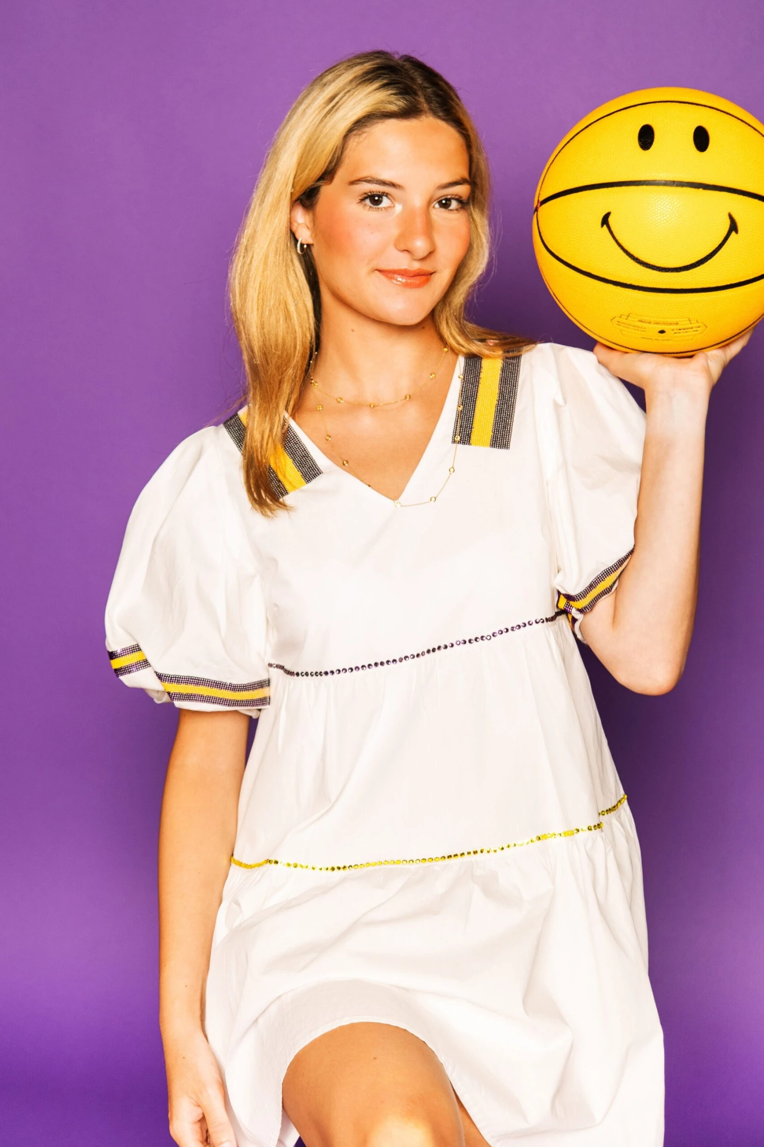 Queen Of Sparkles White, Purple/Gold Poof Sleeve QOS Jersey Dress 3 Queen Of Sparkles White, Purple/Gold Poof Sleeve QOS Jersey Dress - Image 3