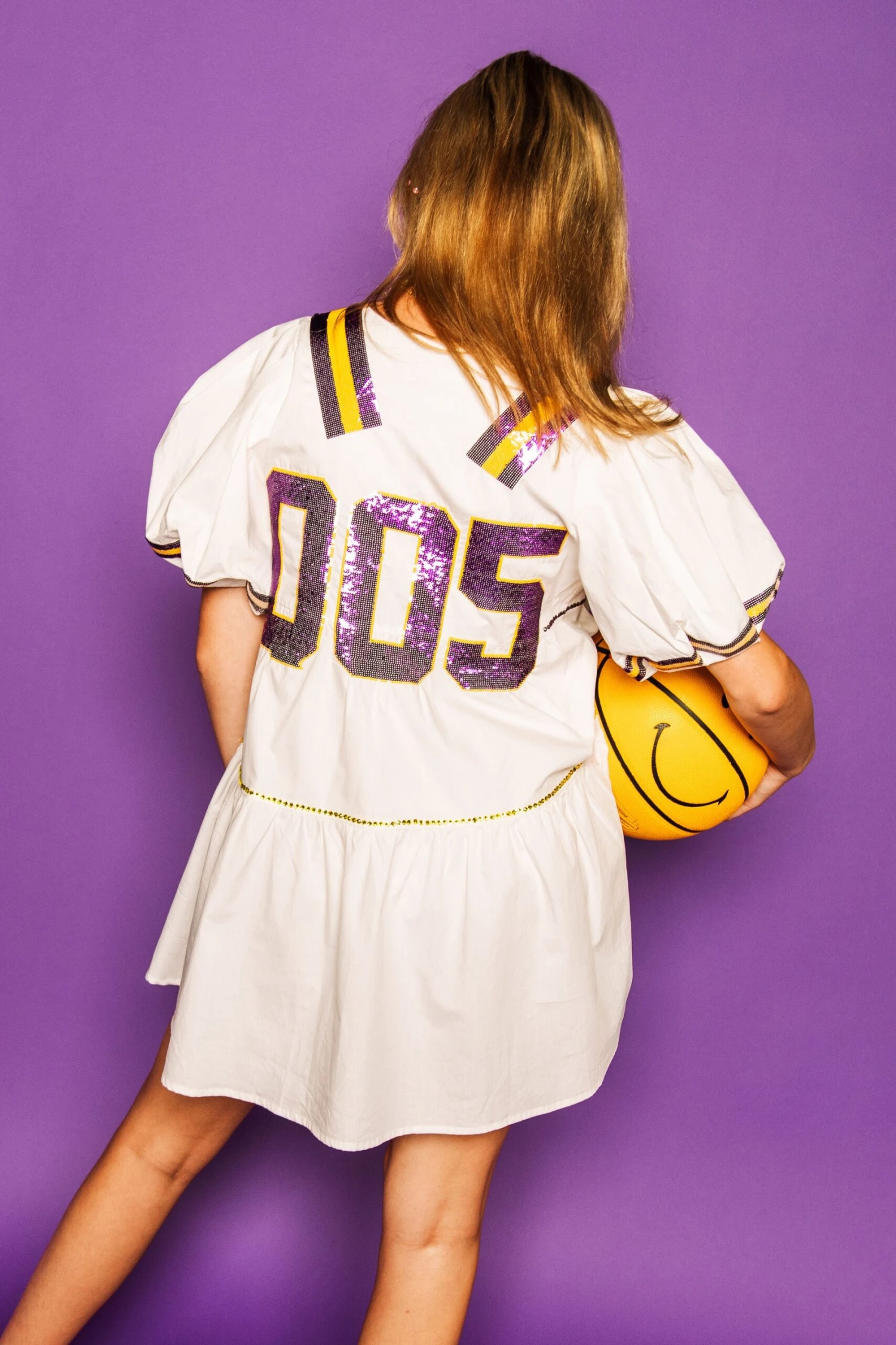 Queen Of Sparkles White, Purple/Gold Poof Sleeve QOS Jersey Dress 2 Queen Of Sparkles White, Purple/Gold Poof Sleeve QOS Jersey Dress - Image 2