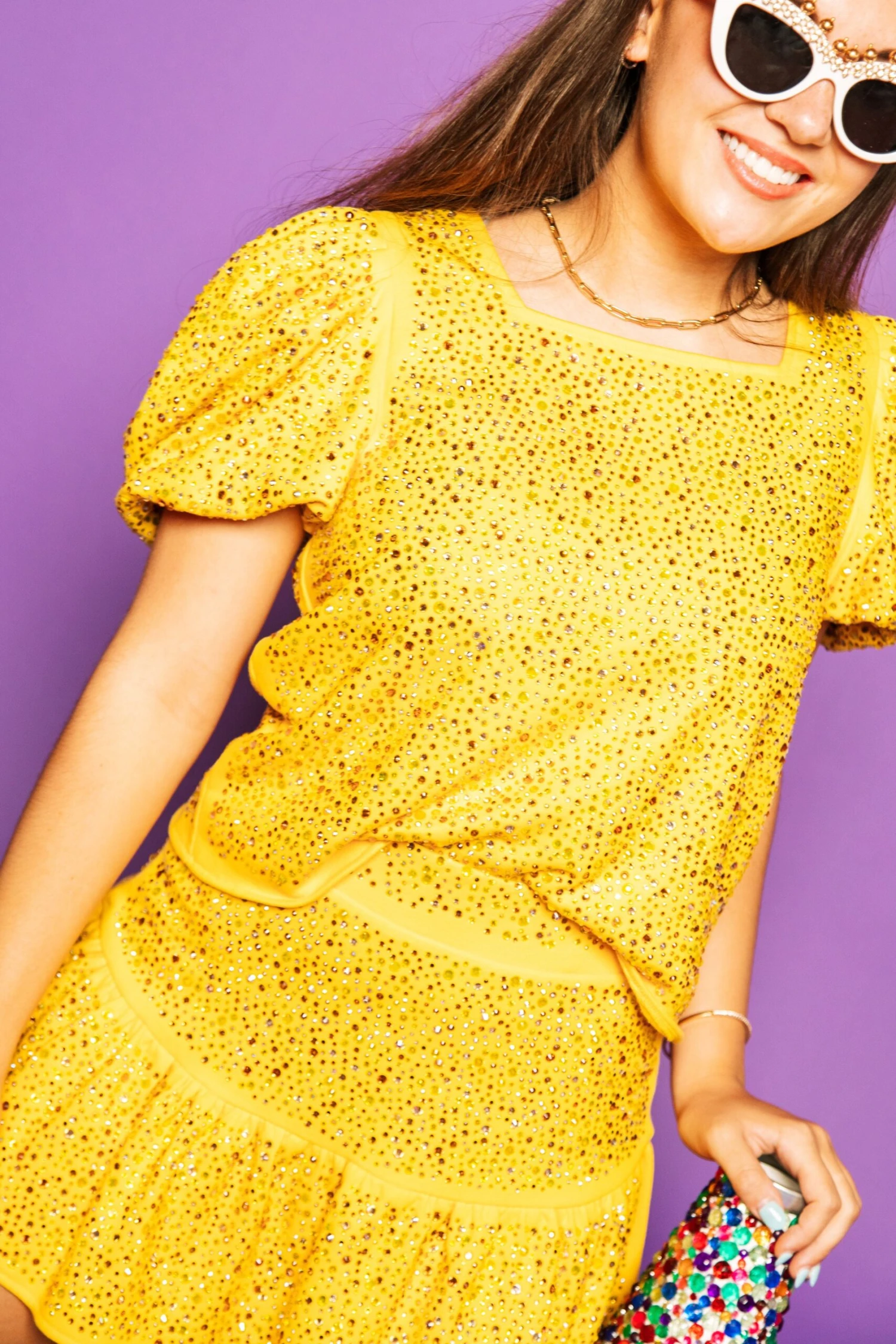 Queen Of Sparkles Yellow Rhinestone Poof Sleeve Top 2 Queen Of Sparkles Yellow Rhinestone Poof Sleeve Top - Image 2