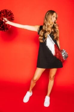 Queen Of Sparkles Black, White/Red Diagonal Fringe Dress -Queen of Sparkles soelstudio QOS Gameday 38