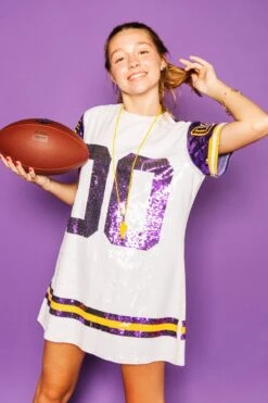 Queen Of Sparkles White W/ Purple/Gold Full Sequin Jersey Dress -Queen of Sparkles soelstudio QOS Gameday 386