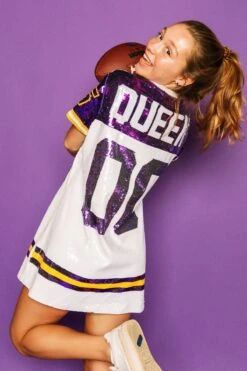 Queen Of Sparkles White W/ Purple/Gold Full Sequin Jersey Dress -Queen of Sparkles soelstudio QOS Gameday 388